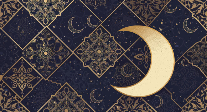 Elegant gold moon and floral pattern on dark blue background