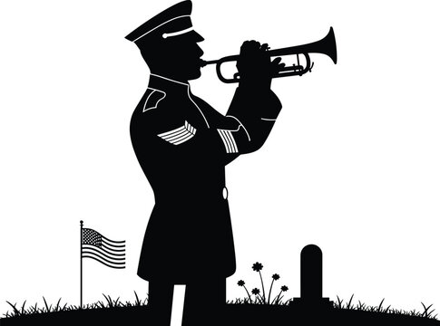 Patriotic military funeral tribute illustration with bugler playing trumpet beside gravestone, American flag, flowers, and grass symbolizing remembrance, honor, sacrifice, and national pride