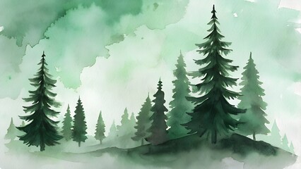 Fototapeta premium Misty Forest Landscape with Evergreen Trees in Watercolor Style Green Hues