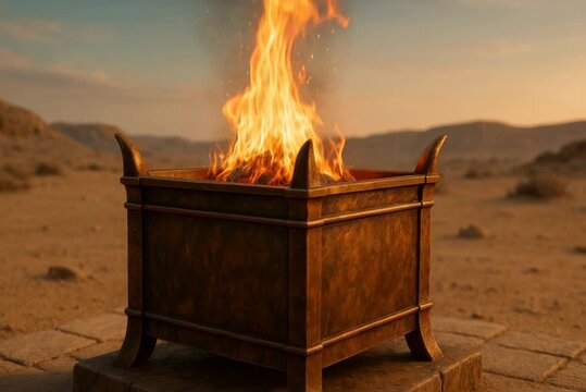 Ancient Tabernacle Altar Fire Burning in Desert Wilderness