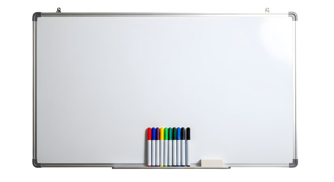Blank whiteboard with colorful markers and eraser on a tray at the bottom ready for writing and drawing in a modern office or classroom setting perfect for presentations and brainstorming sessions.