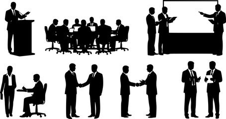 Black silhouette set of business people [activity], isolated on white background