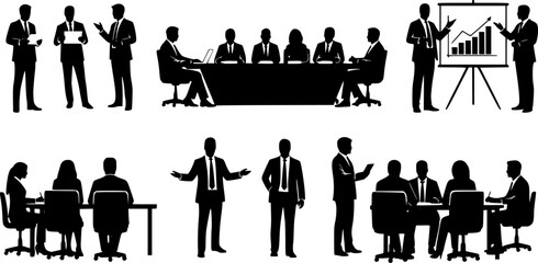Black silhouette set of business people [activity], isolated on white background