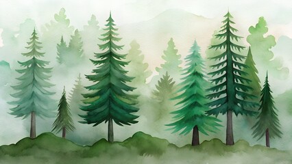 Obraz premium Misty Watercolor Forest Scene with Evergreen Trees and Hazy Mountain Background