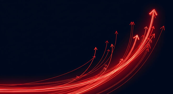 Dynamic digital growth trajectory with glowing red arrows illustrating upward progress and business success against a dark background