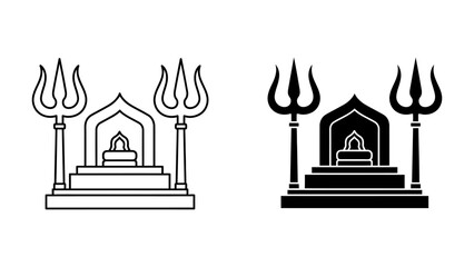 Hindu Shiva Lingam and Trishula Trident Icons Representing Sacred Temple Architecture and Divine Symbols, Minimalist Black and White Vector Illustration for Religious Design and Branding.