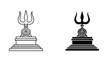 Hindu Trishula Trident Symbols on a Tiered Pedestal Representing Spiritual Power and Divine Authority, Set of Black Line Art and Solid Silhouette Icons Isolated on a White Background.