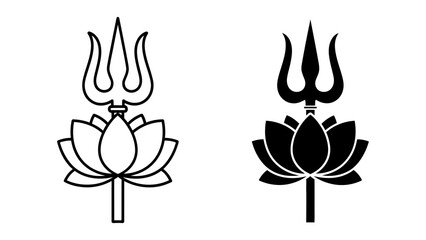 Trishula and Lotus Flower Icons Representing Divine Power and Purity, Set of Black and White Vector Illustrations for Spiritual and Cultural Design Projects, Minimalist Flat Style