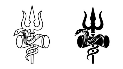 Lord Shiva's Trishula trident with Damru drum and Cobra snake symbols presented in minimalist black and white vector line art and solid silhouette styles isolated on white background.
