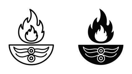 Traditional Indian Diya oil lamp icons in line and solid silhouette styles, representing the festival of lights Diwali, featuring a burning flame and decorative bowl on a white background.