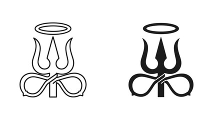 Minimalist Trident and Halo Symbol with Infinity Knot representing spiritual power and eternal divinity in both outline and solid black vector styles for tattoos, logos, and iconography.