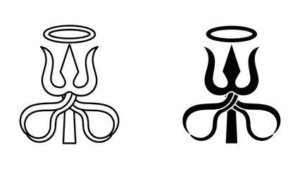 Minimalist trident icons with halo and decorative base representing spiritual power and divine authority, set against a white background in outline and solid black silhouette styles.