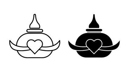 Traditional Thai Water Pot Icon Set Featuring Heart Symbol and Elegant Curved Handles in Outline and Solid Black Silhouette Styles for Cultural Wedding and Romantic Graphic Design Projects