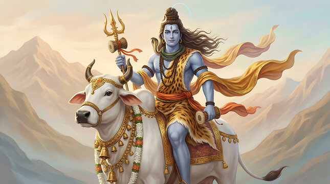 Lord shiva riding nandi bull through the himalayas mountains for maha shivratri mythological art and mahadev divine journey illustration in a scenic landscape