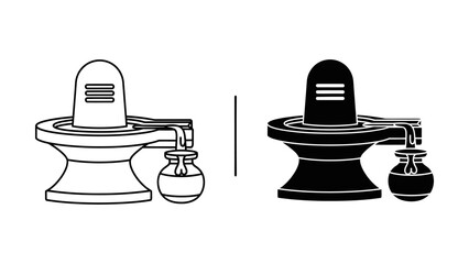 Shiva Lingam and Kalash icons representing the sacred ritual of Abhishekam with water dripping into a pot, minimalist black and white vector line art and solid silhouette set for Maha Shivratri.