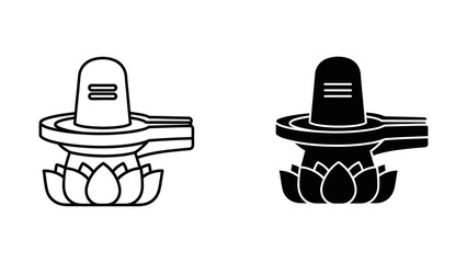 Shiva Lingam vector icon set featuring outline and solid black glyph styles. Traditional Hindu Shivling symbol on lotus flower base representing divinity and spirituality isolated on white.