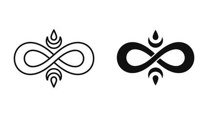 Set of two decorative infinity symbols featuring crescent moon and water drop accents in outline and solid black styles isolated on white background for spiritual tattoo or logo design