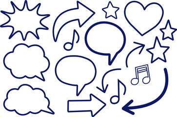 Hand Drawn Doodle Icons with Speech Bubbles Arrows Stars Hearts and Music Notes