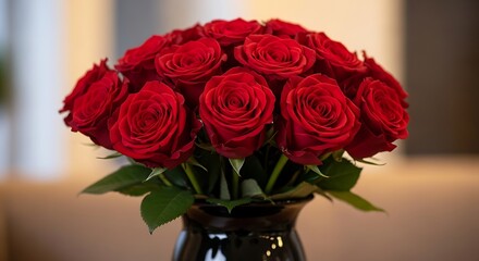 Fototapeta premium Close-Up of a Lush Bouquet of Vibrant Red Roses in a Black Vase