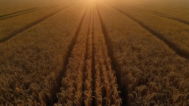 Drone glides over endless golden wheat fields during sunrise