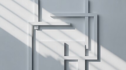 Obraz premium Overlapping white geometric frames on monochromatic wall creating intricate shadows pattern