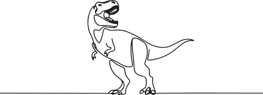 One continuous line drawing of roaring tyrannosaurus rex dinosaur. Prehistoric museum logo concept. Dynamic single line draw graphic design. one line Icon drawing