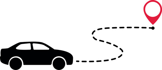 Car Route Vector Icon &mdash; Black Silhouette Vehicle with Dotted Path and Red Location Pin.