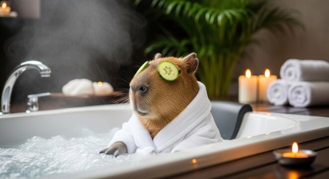 Relaxing Capybara Enjoying a Spa Day in a Luxurious Bathtub with Cucumber Slices