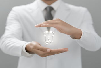 a dentist in a white coat holding out their hands to form the shape of an outline of a single tooth