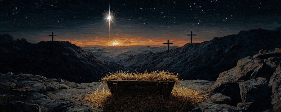Empty manger with straw on a rocky hillside under the Star of Bethlehem and distant crosses, concept for Nativity illustrations, spiritual events and religious holiday advertising