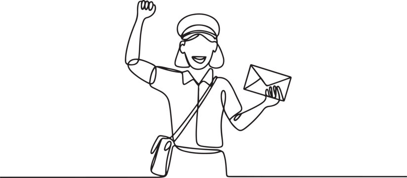 Single continuous line drawing postwoman with celebrate gesture, wearing uniform and sling bag holds envelope to delivered to home address. one line Icon drawing