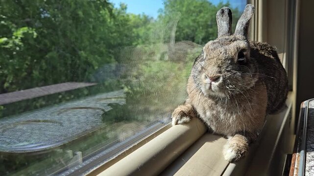 Rabbit is sitting on a window sill. The window sill is next to a train track. travel railway trip