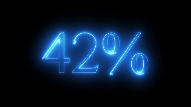 Glowing neon blue digital percentage symbol displaying 42% percent discount on dark black background, futuristic promotional sale concept with vibrant light outline