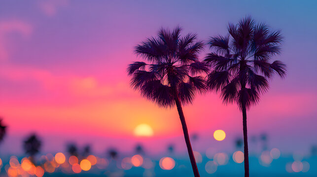 Palm Trees Silhouetted Against Vibrant Sunset Sky, Tropical Landscape and Summer Evening Mood