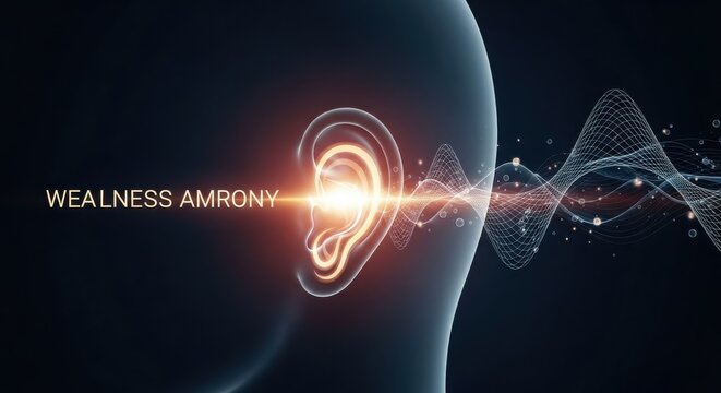 Glowing Human Ear Profile Conceptual Visualization with Sound Waves and Text "WEALNESS AMRONY"