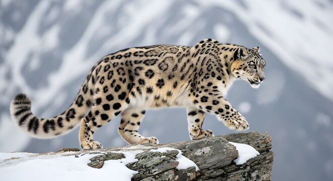 Majestic Snow Leopard Prowling on Snowy Mountain Ridge.