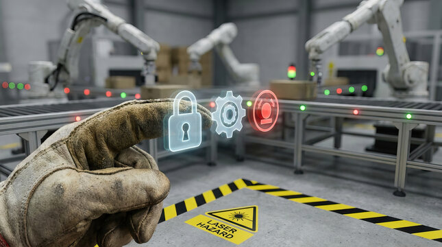 Industrial automation showing interacting with virtual controls for security, maintenance, and user access. Perfect for illustrating smart factories, Industry 4.0, and robotics integration.