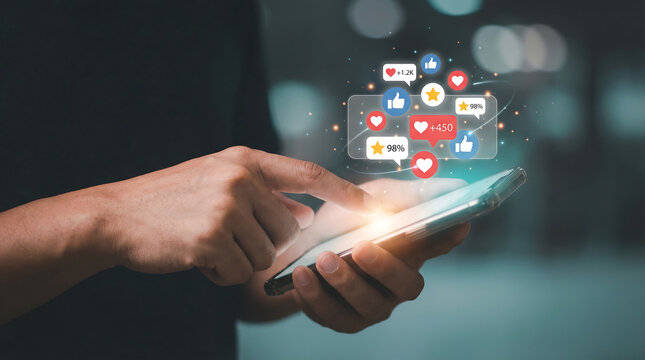 Person using a smartphone with social media likes, hearts, and stars notification overlay