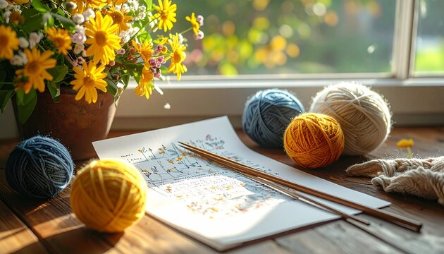 Strickanleitung und Wolle auf Tisch