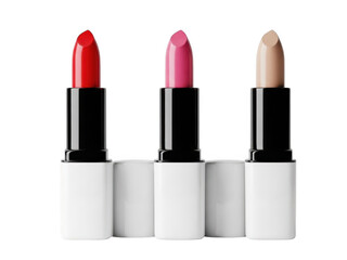 Obraz premium Three different shades of lipstick displayed in their respective tubes isolated on transparent background