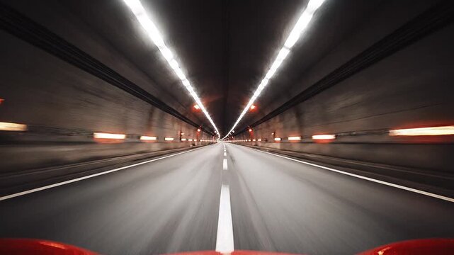 Empty tunnel with bright lights and long road ahead
