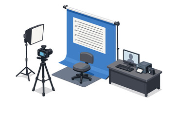 Fototapeta premium Isometric illustration of a police lineup photography setup with camera, lights, and desk
