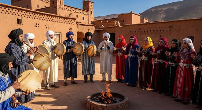 Vibrant traditional Moroccan music and dance performance by a local ensemble in an ancient Kasbah courtyard, showcasing rich North African cultural heritage