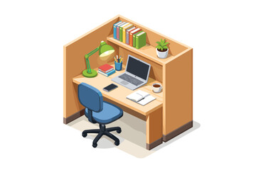 Isometric study desk with laptop, chair, lamp, books, and plant for remote work