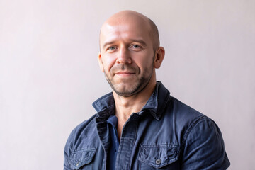 Fototapeta premium Portrait of middle aged Caucasian man smiling slightly while looking into camera, showing shaved head and trimmed beard against plain background, conveying confident demeanor