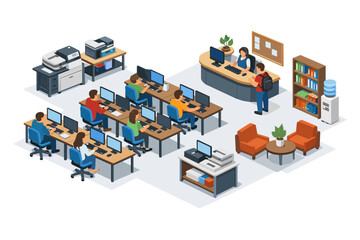 Obraz premium Isometric view of a modern computer lab with students and instructor at desks