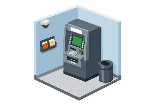 Isometric bank ATM kiosk in a corner with security camera, brochure rack and trash bin