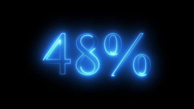 Glowing neon blue digital percentage symbol displaying 48% percent discount on dark black background, futuristic promotional sale concept with vibrant light outline