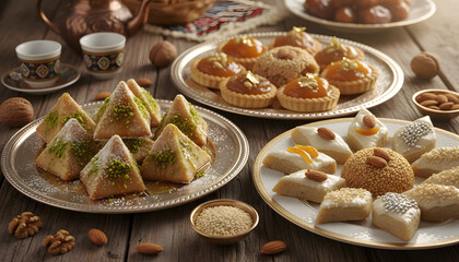 Various traditional algeria pastries served in elegant plates, adorned with nuts and sesame seeds, set on a warm and inviting wooden table, perfect for festive gatherings or cultural celebrations