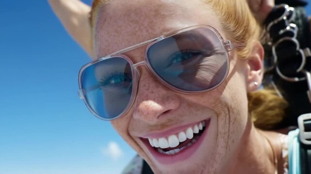 Exhilarated skydiver embraces freefall blissfully against clear blue sky